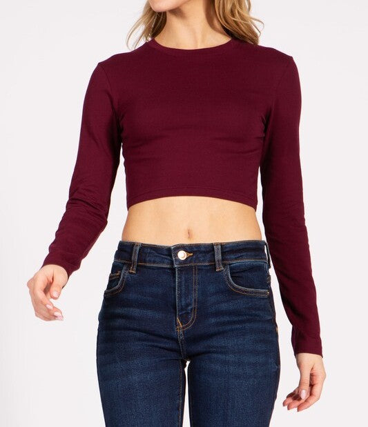 Round Neck Long Sleeve Crop T-Shirt - FashionJOA