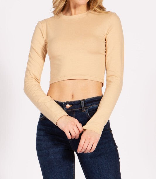 Round Neck Long Sleeve Crop T-Shirt - FashionJOA