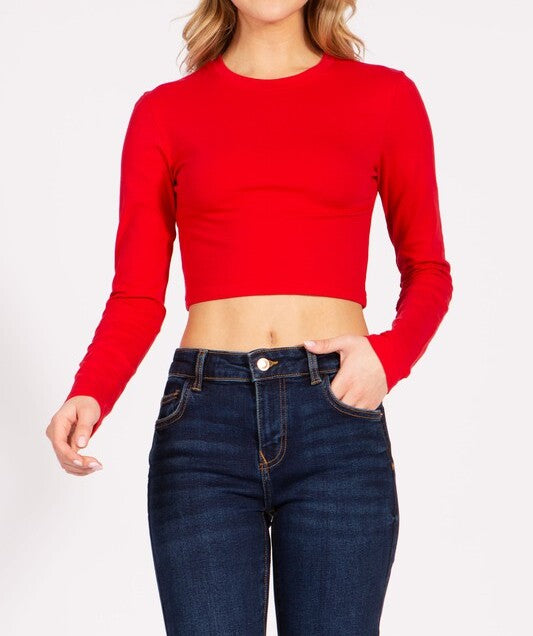 Round Neck Long Sleeve Crop T-Shirt - FashionJOA