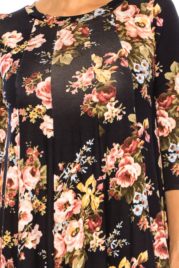 Paneled, floral print, a-line midi dress - FashionJOA