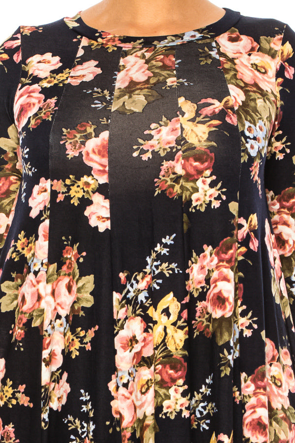 Paneled, floral print, a-line midi dress - FashionJOA