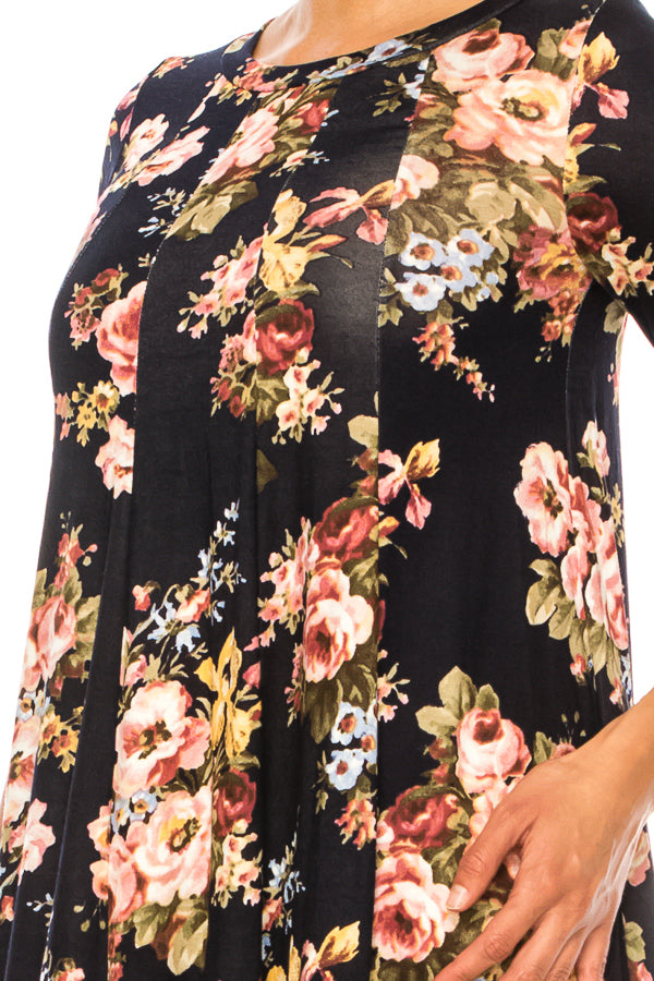 Paneled, floral print, a-line midi dress - FashionJOA