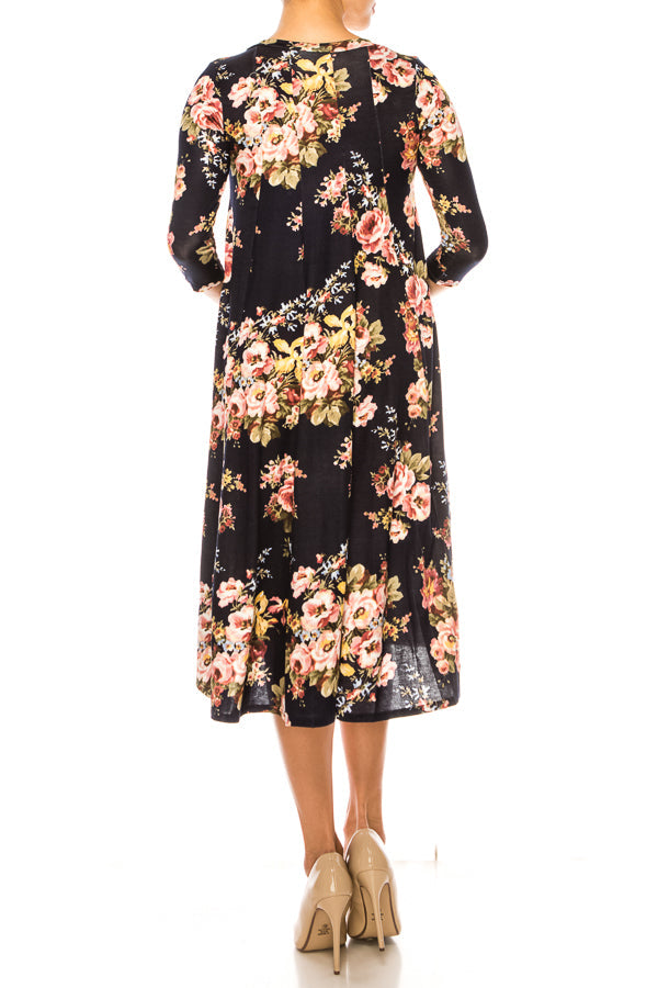 Paneled, floral print, a-line midi dress - FashionJOA