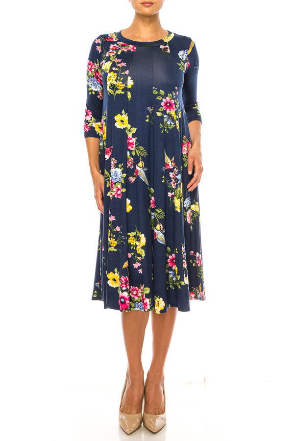 Paneled, floral print, a-line midi dress - FashionJOA