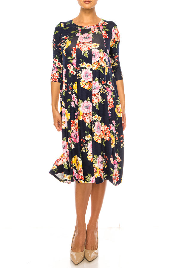 Paneled, floral print, a-line midi dress - FashionJOA