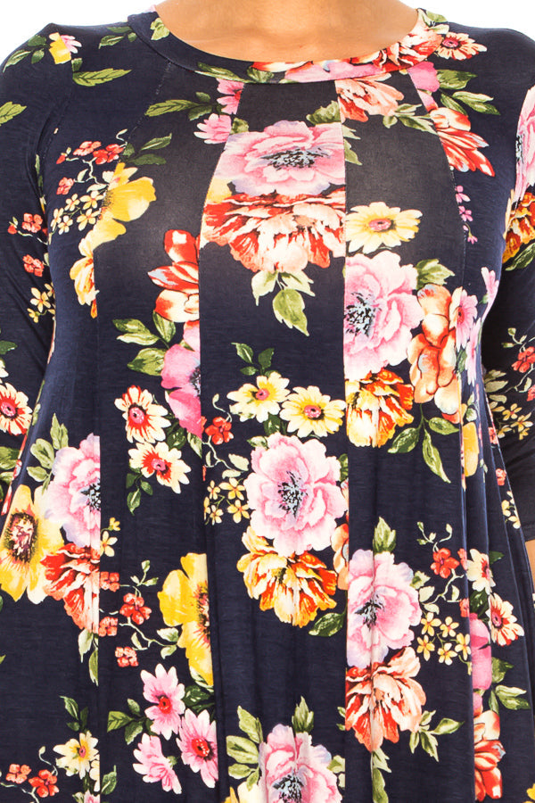 Paneled, floral print, a-line midi dress - FashionJOA