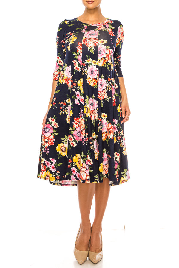 Paneled, floral print, a-line midi dress - FashionJOA