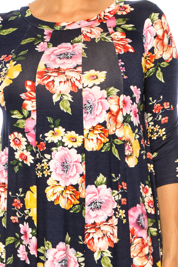 Paneled, floral print, a-line midi dress - FashionJOA
