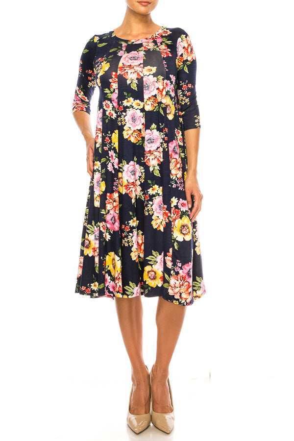 Paneled, floral print, a-line midi dress - FashionJOA