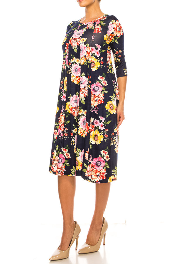 Paneled, floral print, a-line midi dress - FashionJOA