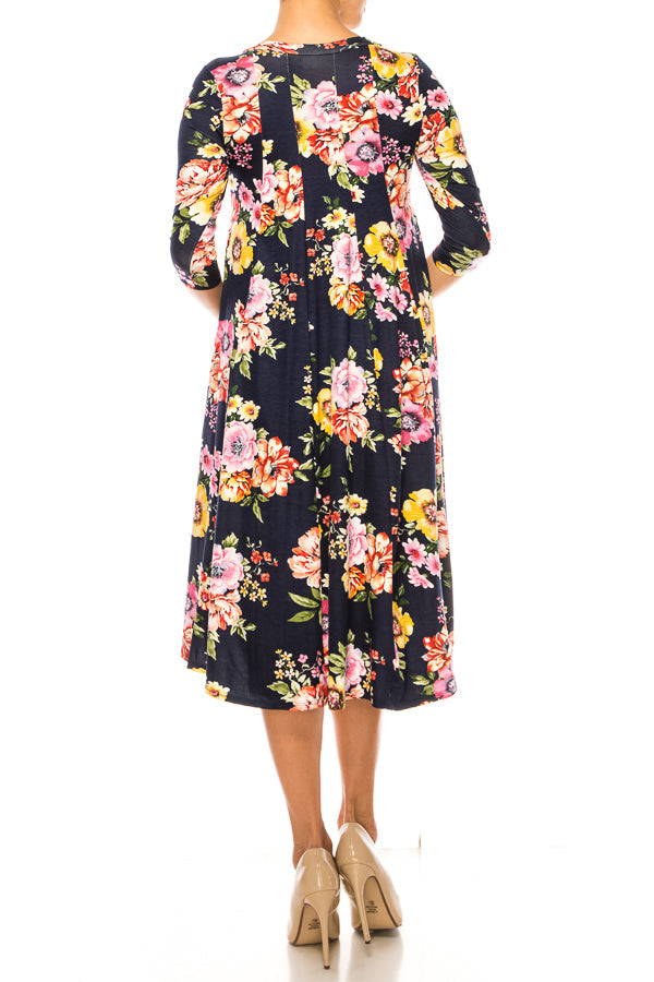Paneled, floral print, a-line midi dress - FashionJOA