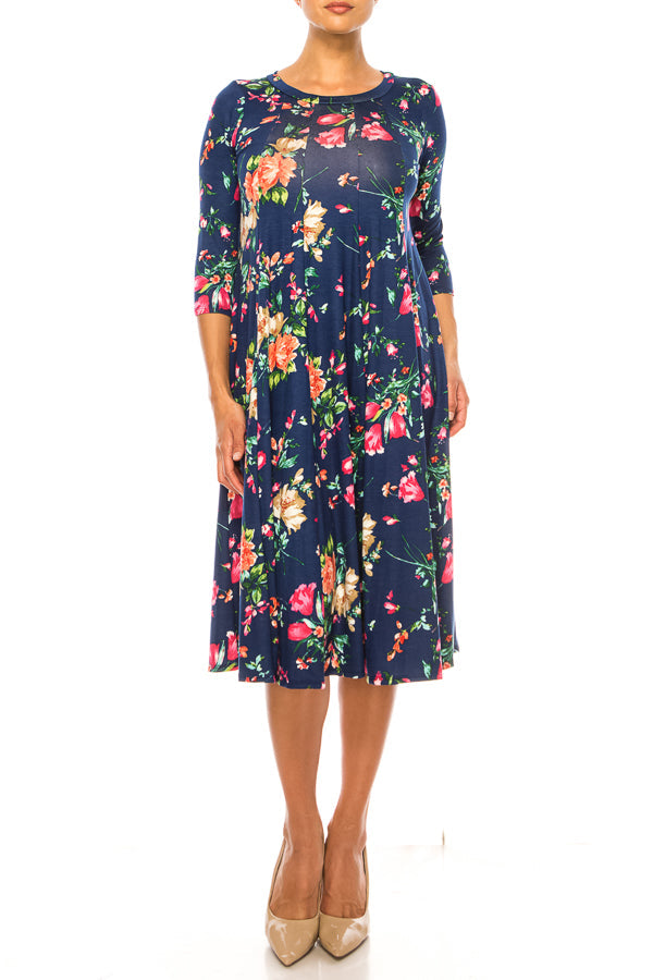 Paneled, floral print, a-line midi dress - FashionJOA