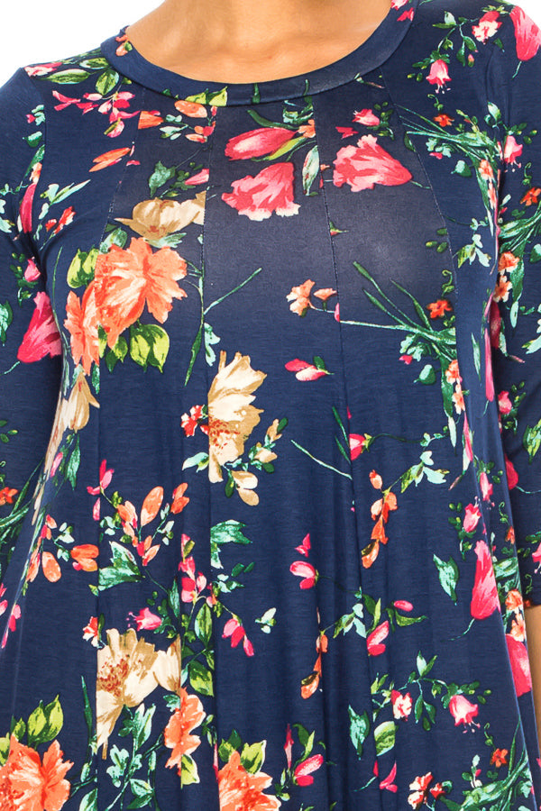 Paneled, floral print, a-line midi dress - FashionJOA