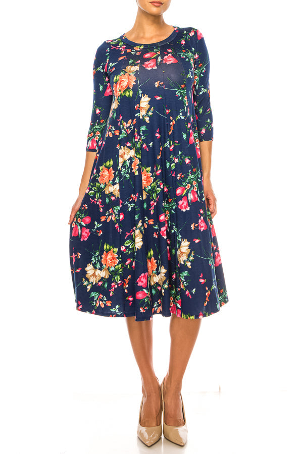 Paneled, floral print, a-line midi dress - FashionJOA