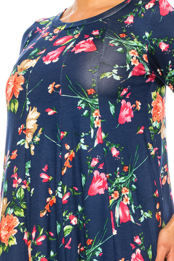 Paneled, floral print, a-line midi dress - FashionJOA