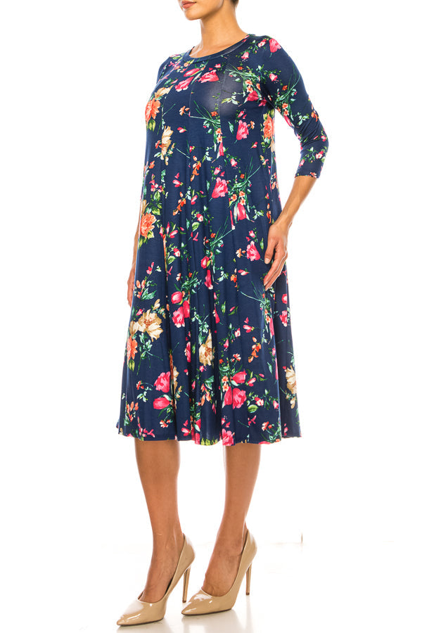 Paneled, floral print, a-line midi dress - FashionJOA