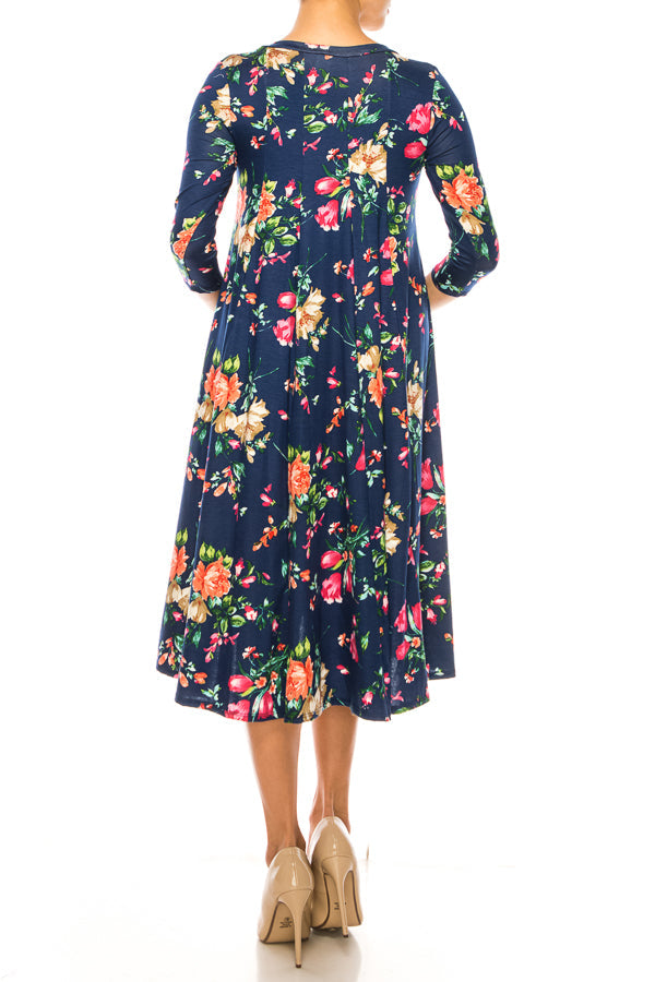 Paneled, floral print, a-line midi dress - FashionJOA