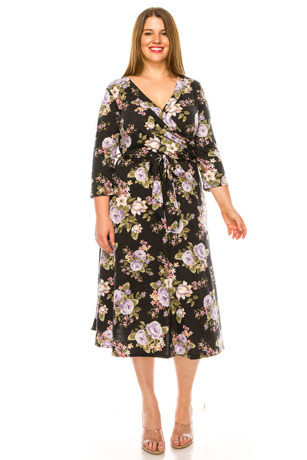 Plus size floral print faux wrap dress - FashionJOA