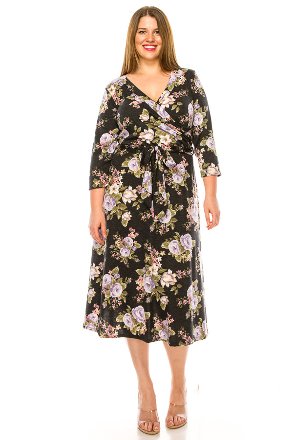 Plus size floral print faux wrap dress - FashionJOA