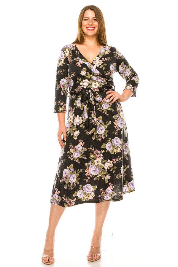 Plus size floral print faux wrap dress - FashionJOA