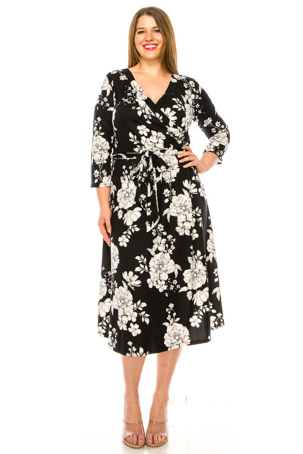 Plus size floral print faux wrap dress - FashionJOA