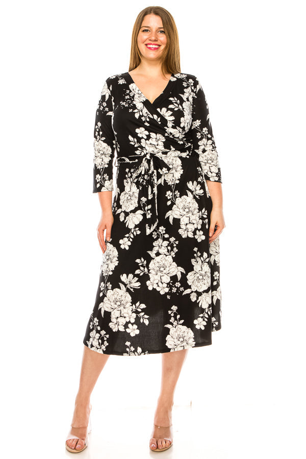 Plus size floral print faux wrap dress - FashionJOA