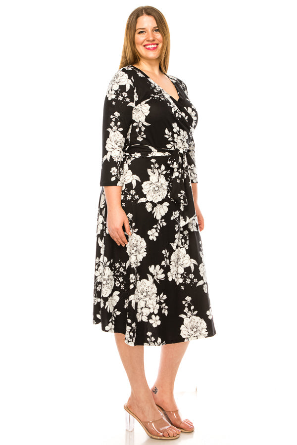 Plus size floral print faux wrap dress - FashionJOA