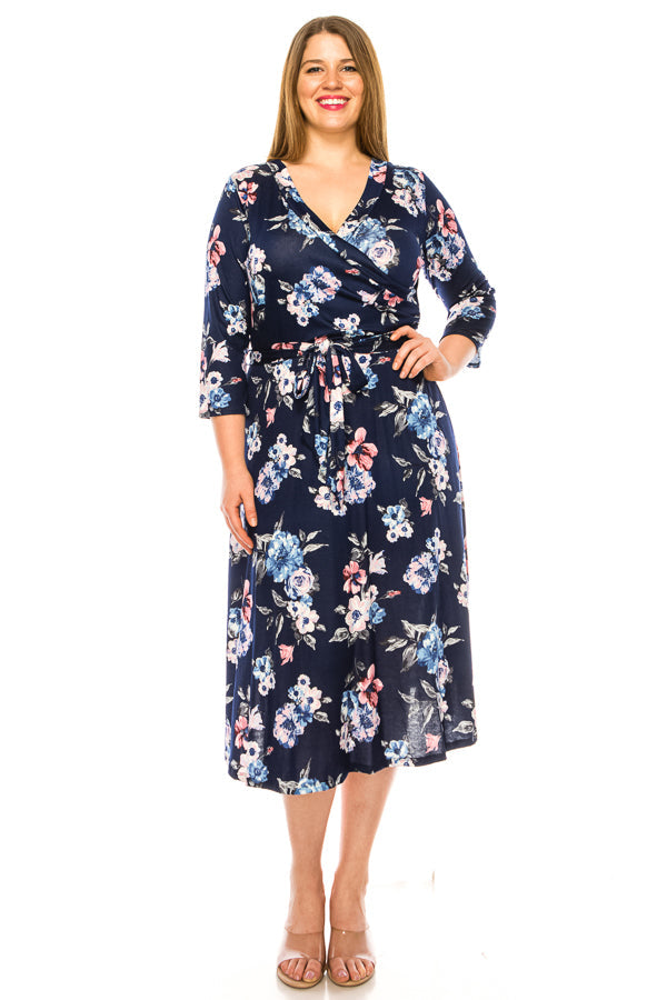 Plus size floral print faux wrap dress - FashionJOA