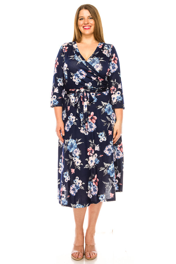 Plus size floral print faux wrap dress - FashionJOA