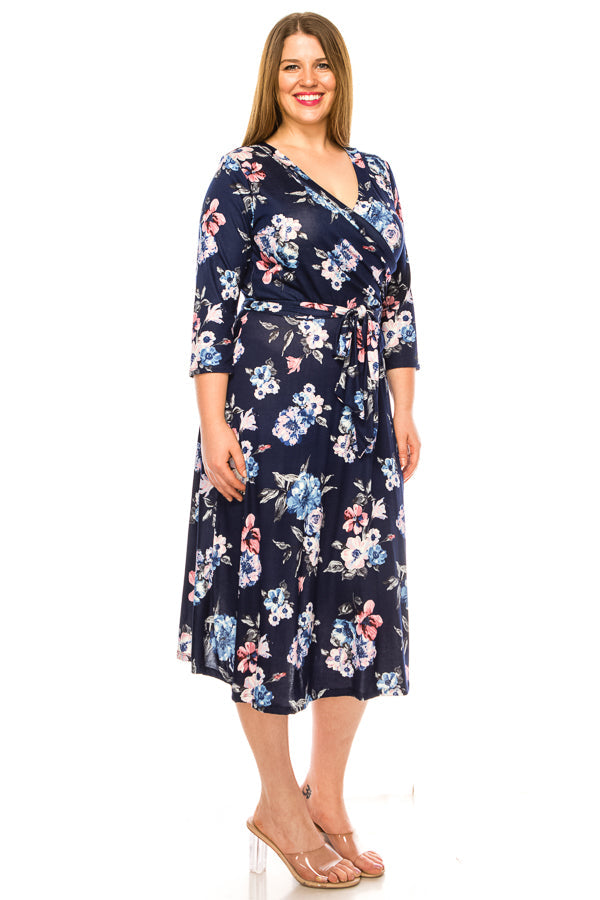 Plus size floral print faux wrap dress - FashionJOA