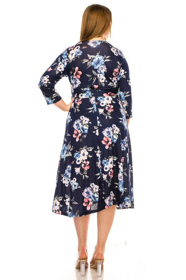 Plus size floral print faux wrap dress - FashionJOA