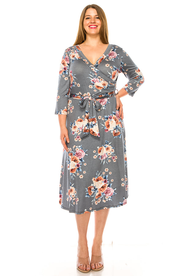 Plus size floral print, faux wrap dress - FashionJOA