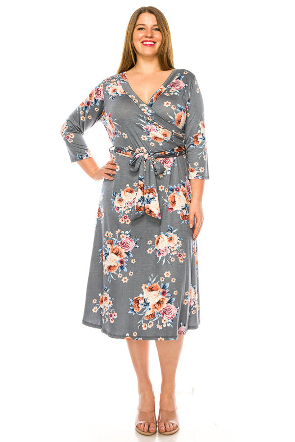 Plus size floral print, faux wrap dress - FashionJOA