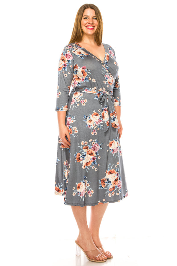 Plus size floral print, faux wrap dress - FashionJOA