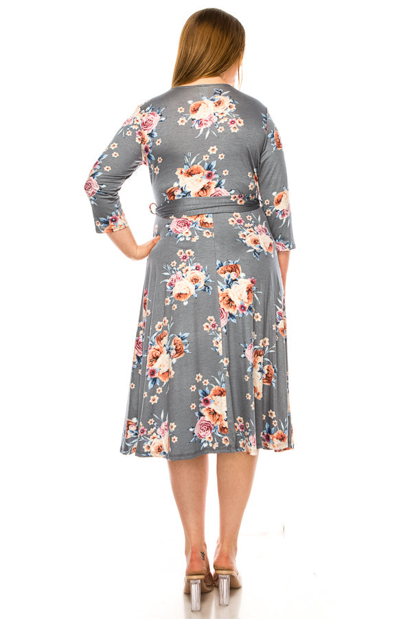 Plus size floral print, faux wrap dress - FashionJOA