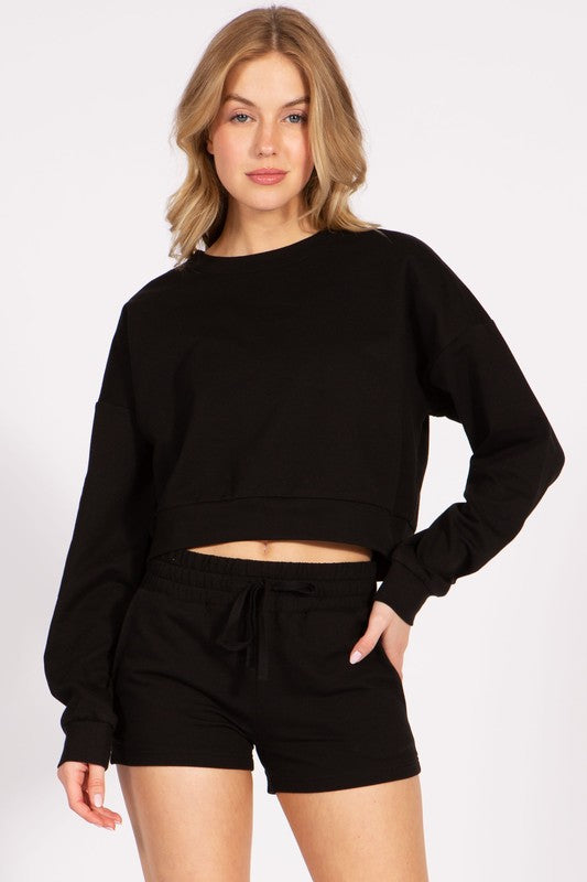 Cropped French Terry Pullover Crewneck Sweatshirt FashionJOA