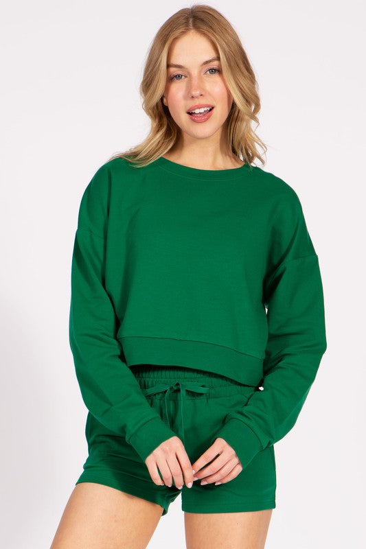 Cropped French Terry Pullover Crewneck Sweatshirt FashionJOA