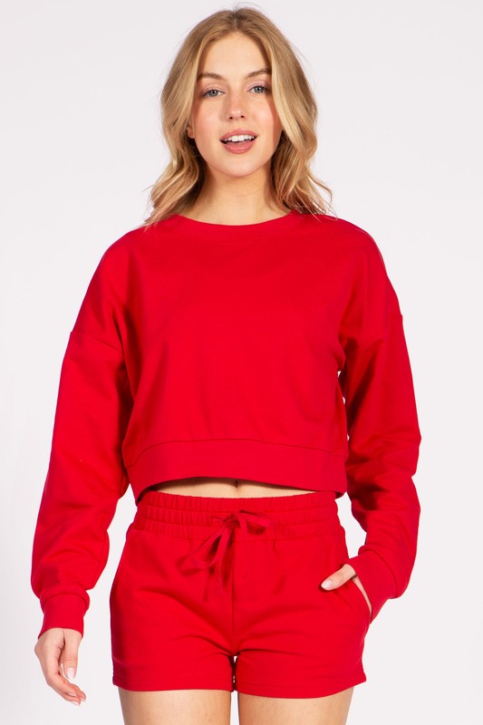 Cropped French Terry Pullover Crewneck Sweatshirt FashionJOA