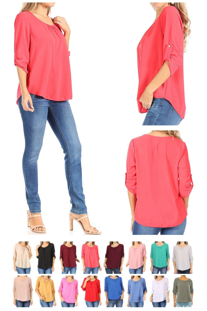 FashionJOA Casual Round Neck Roll up Tab 3/4 Sleeve Shirt Blouse Tops FashionJOA