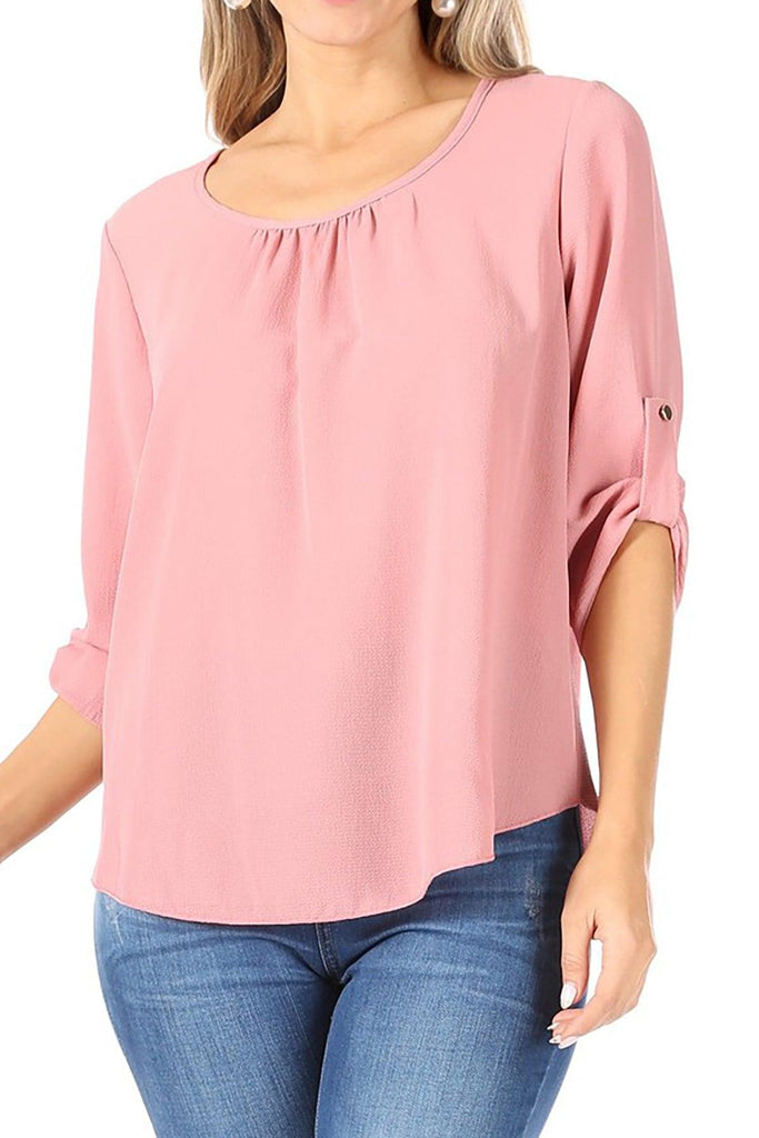 FashionJOA Casual Round Neck Roll up Tab 3/4 Sleeve Shirt Blouse Tops FashionJOA