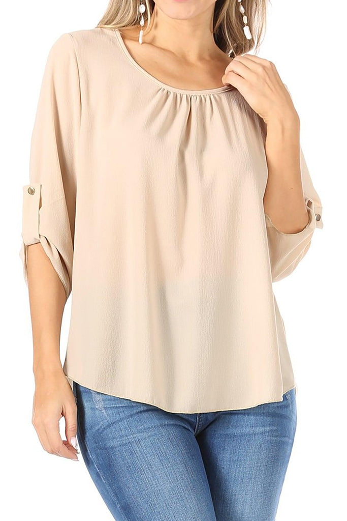 FashionJOA Casual Round Neck Roll up Tab 3/4 Sleeve Shirt Blouse Tops FashionJOA