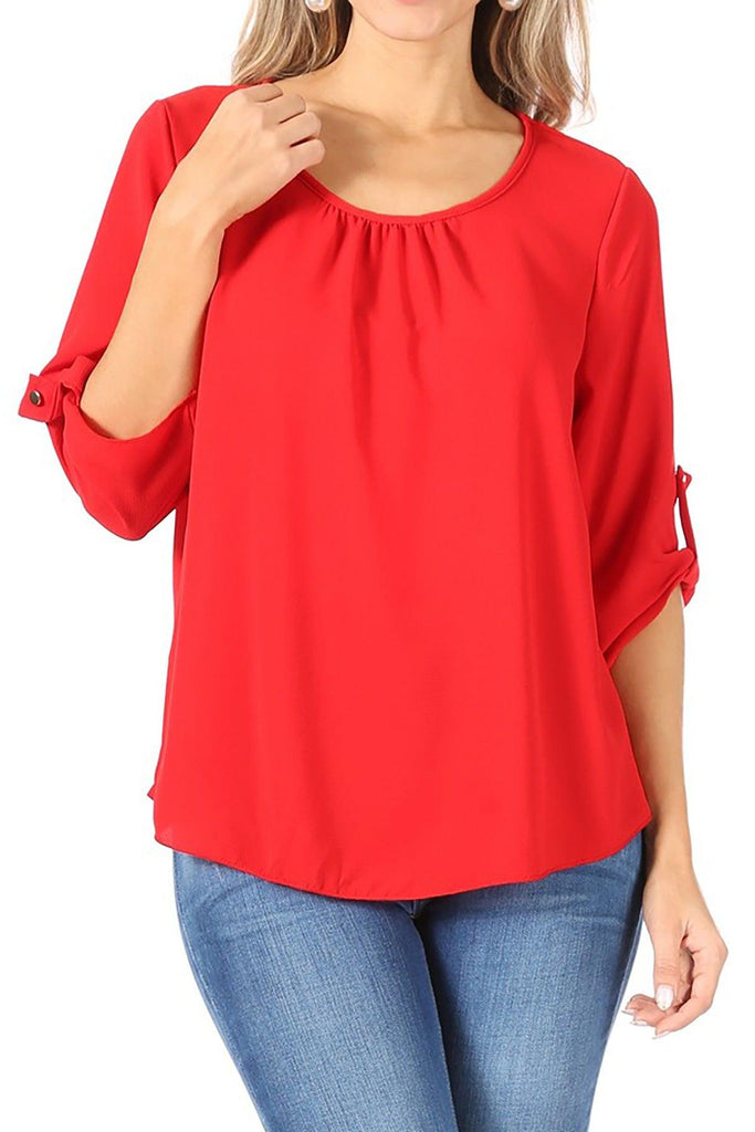 FashionJOA Casual Round Neck Roll up Tab 3/4 Sleeve Shirt Blouse Tops FashionJOA