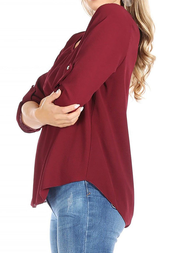 FashionJOA Casual Round Neck Roll up Tab 3/4 Sleeve Shirt Blouse Tops FashionJOA