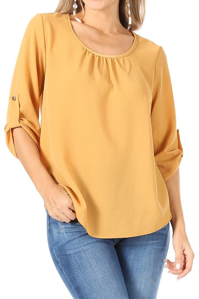 FashionJOA Casual Round Neck Roll up Tab 3/4 Sleeve Shirt Blouse Tops FashionJOA