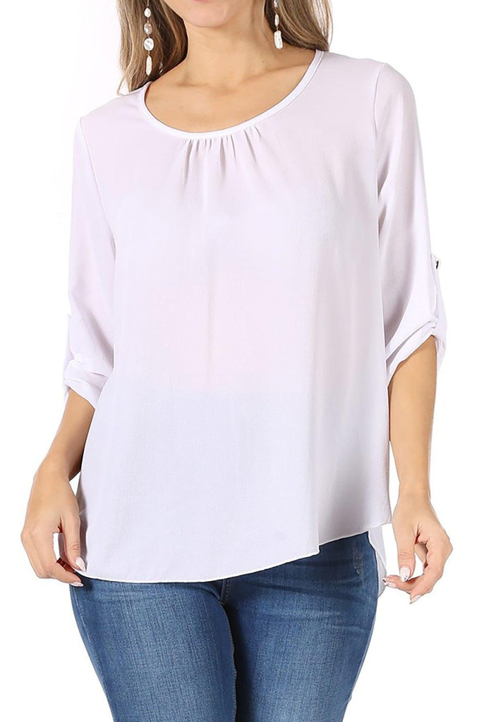 FashionJOA Casual Round Neck Roll up Tab 3/4 Sleeve Shirt Blouse Tops FashionJOA