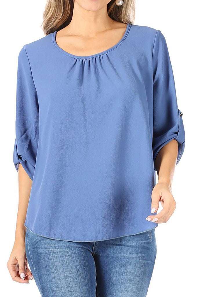 FashionJOA Casual Round Neck Roll up Tab 3/4 Sleeve Shirt Blouse Tops FashionJOA