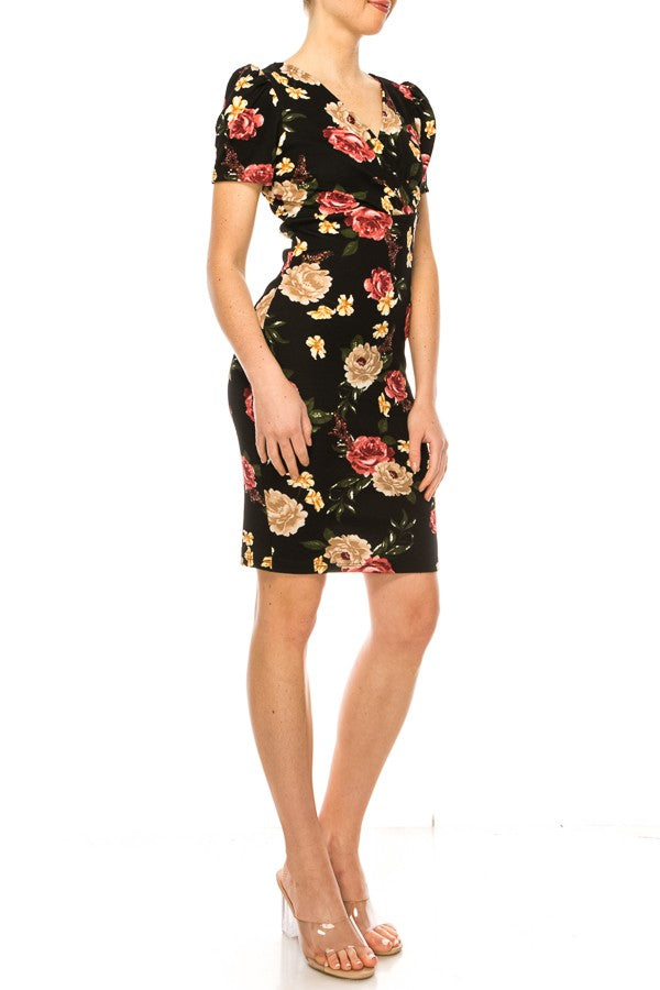 Floral print, sheath dress with deep v-neckline FashionJOA