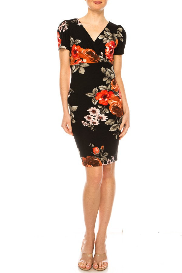 Floral print, sheath dress with deep v-neckline FashionJOA