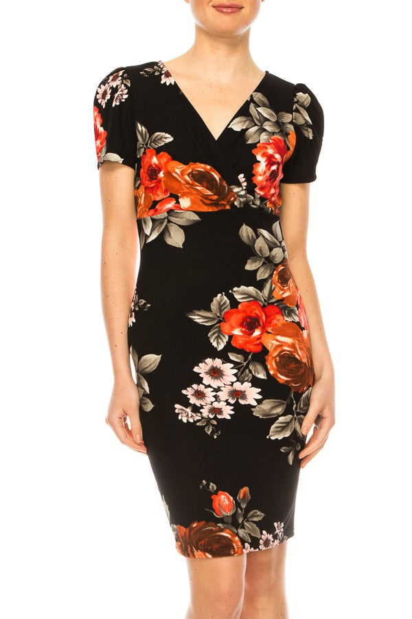 Floral print, sheath dress with deep v-neckline FashionJOA