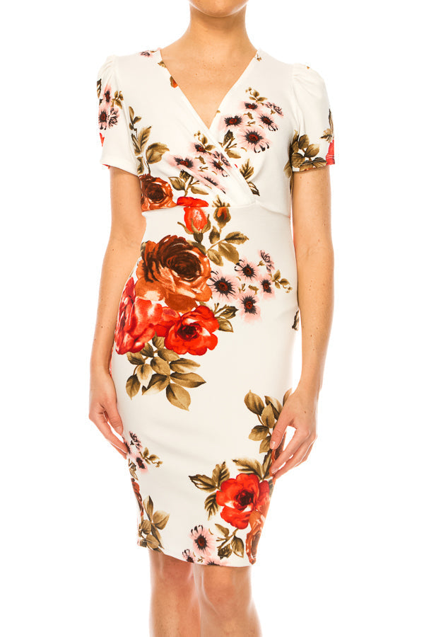 Floral print, sheath dress with deep v-neckline FashionJOA